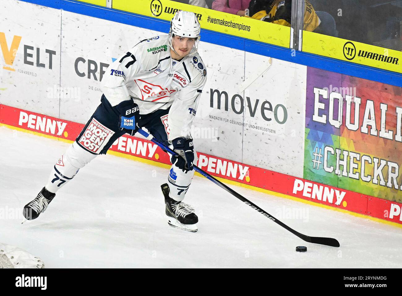 Eishockey - DEL 2 : Krefeld Pinguine vs Dresdner Eislöwen m 01.10.2023 in der Yayla-Arena in Krefeld Dresdens Arne Uplegger (Nr.77) Foto : osnapix Banque D'Images