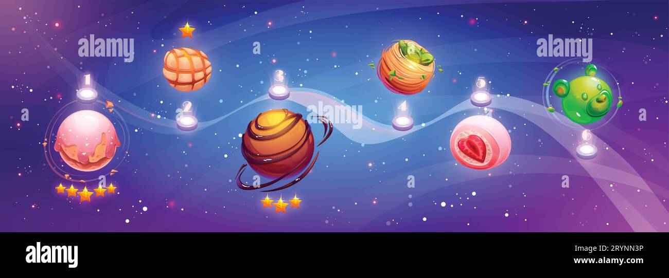 Carte de niveau ui de jeu spatial avec planètes de dessert sucré imaginaires sur le chemin. Illustration vectorielle de dessin animé de la route de jeu avec des étapes marquées avec des orbes cosmiques extraterrestres magiques ressemblant à des bonbons et des pâtisseries. Illustration de Vecteur
