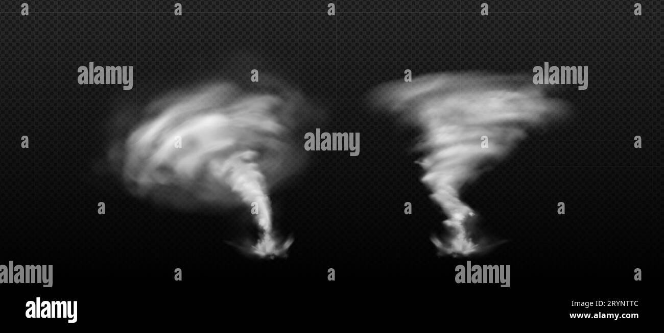 Tornade Whirlwinds ensemble isolé sur fond transparent. Illustration réaliste de vortex d'ouragan, temps orageux avec vent fort, vortex de poussière, nuage d'entonnoir de fumée, cyclone météorologique Illustration de Vecteur