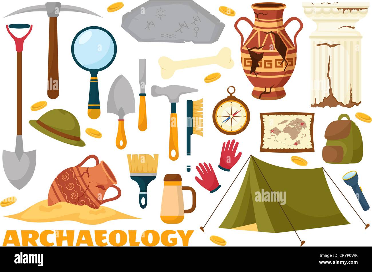 Archéologie Illustration vectorielle avec excavation archéologique des ruines antiques, des artefacts et des dinosaures fossiles dans les modèles dessinés à la main de dessin animé plat Illustration de Vecteur
