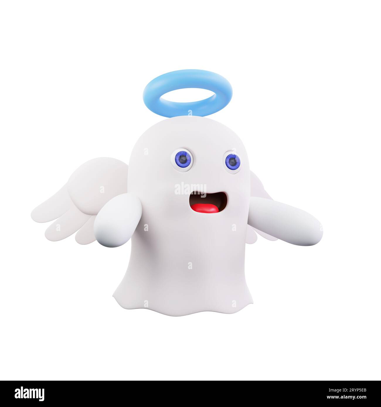 Rendu 3D d'un fantôme de dessin animé avec un halo bleu et des ailes blanches. Parfait pour la saison Halloween Banque D'Images
