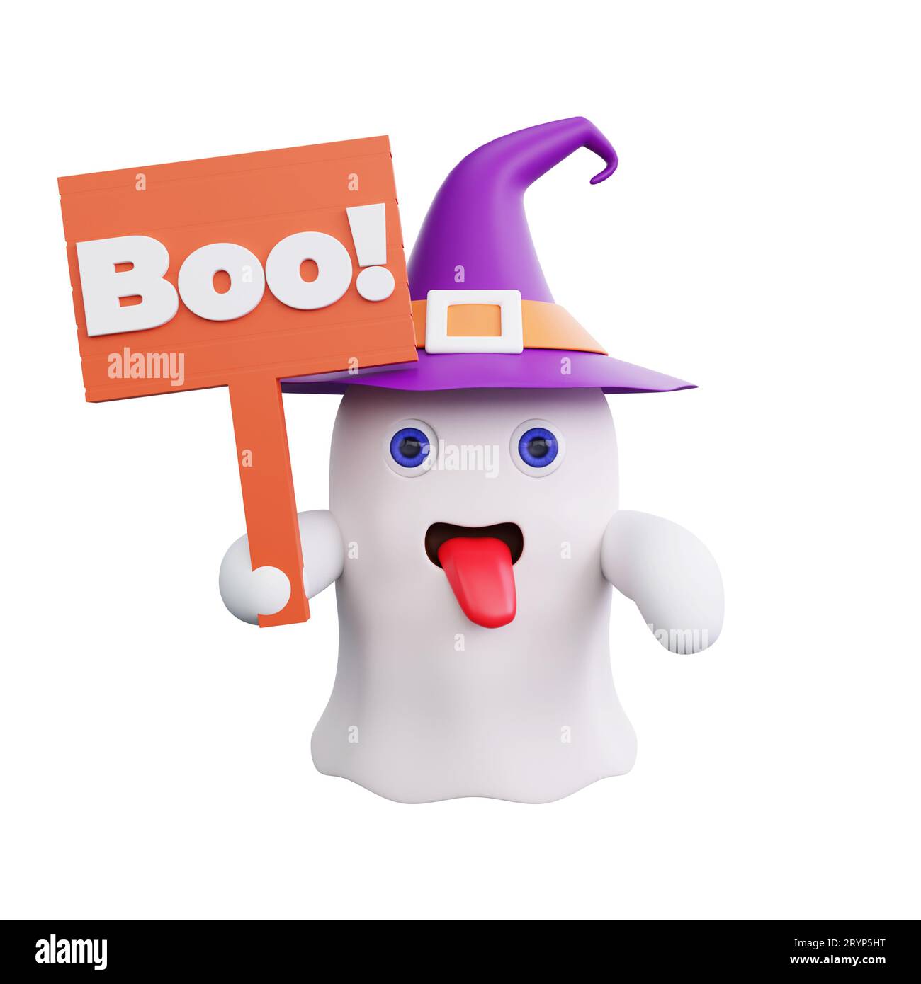 Rendu 3D d'un fantôme ludique portant un chapeau de sorcière violet et tenant un panneau qui dit boo. Parfait pour la saison Halloween Banque D'Images