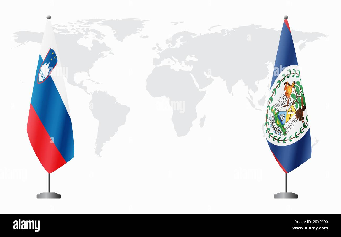 La Slovénie et Belize drapeaux pour la réunion officielle sur fond de carte du monde. Illustration de Vecteur