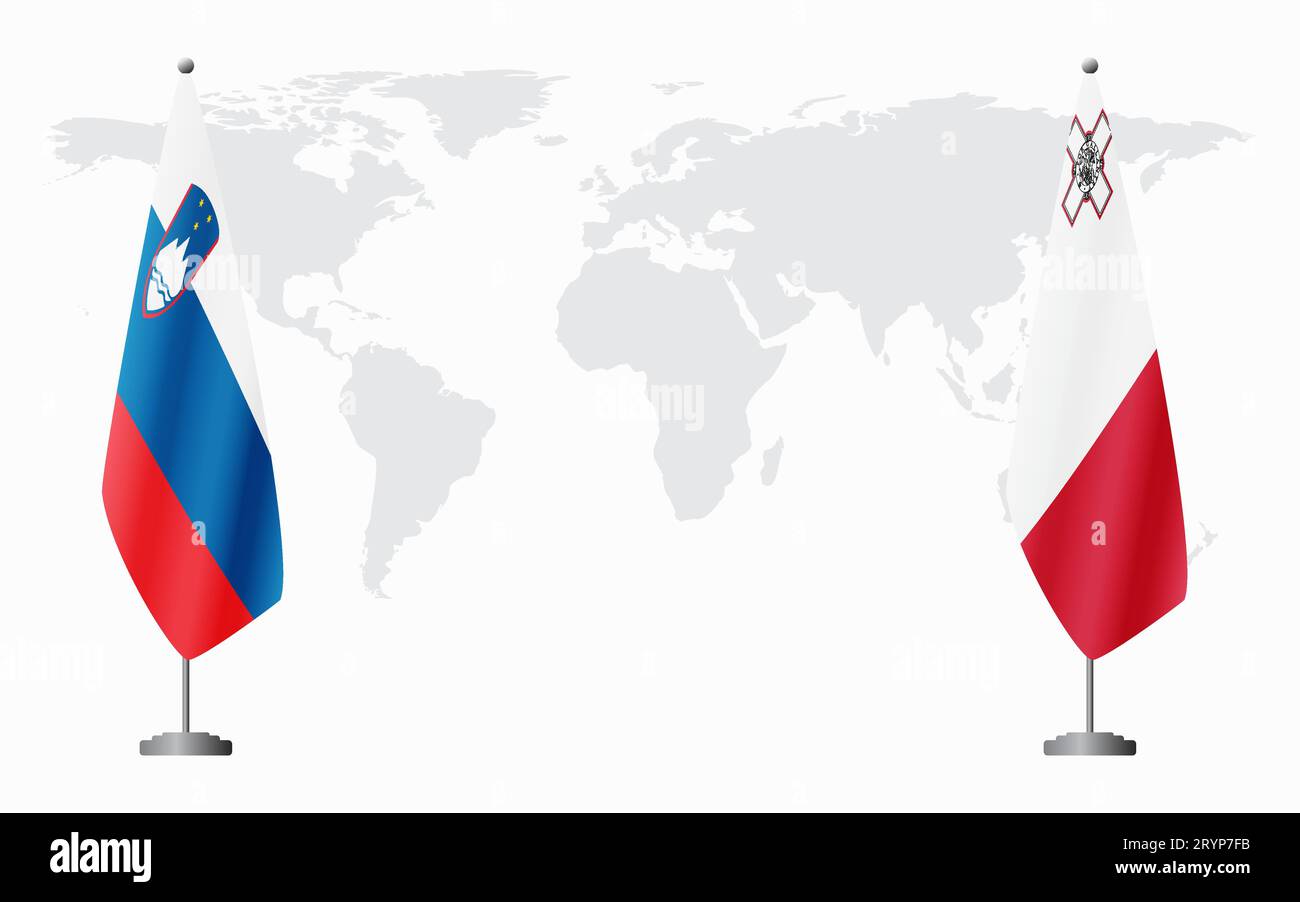 La Slovénie et Malte drapeaux pour la réunion officielle sur fond de carte du monde. Illustration de Vecteur