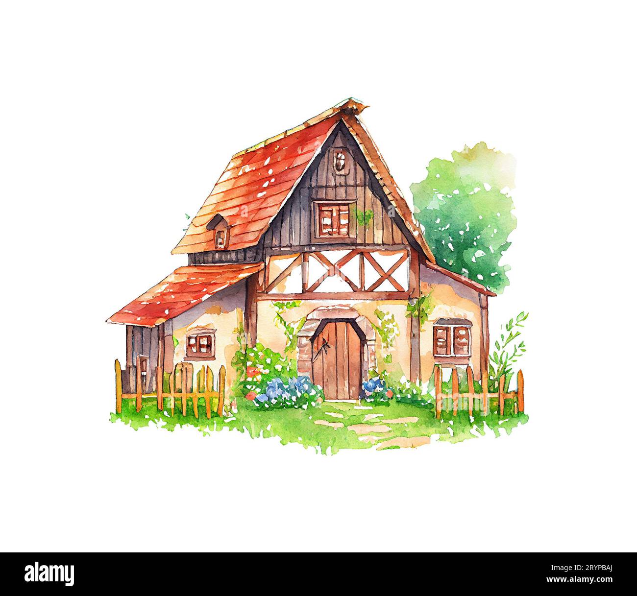 Maison de ferme rouge grange. Aquarelle illustration paysage blanc fond isolé Banque D'Images