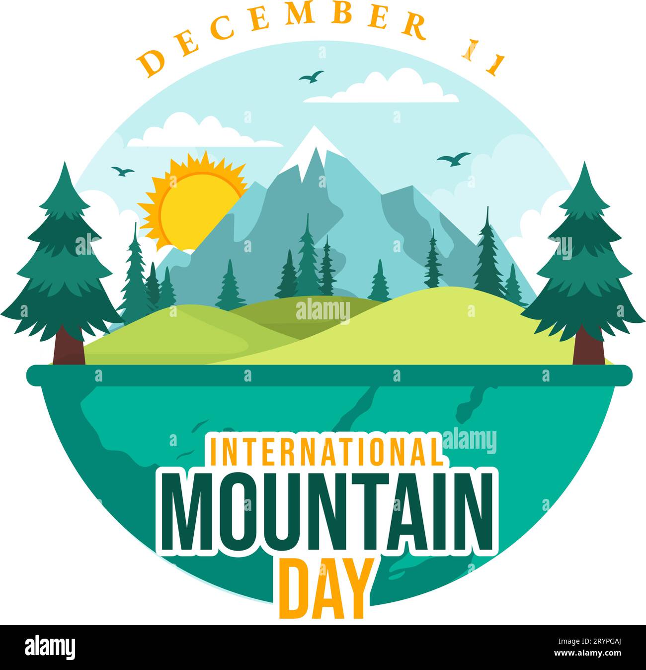 Illustration vectorielle de la Journée internationale de la montagne le 11 décembre avec le panorama des montagnes, la vallée verte et les arbres dans la conception de fond de dessin animé plat Illustration de Vecteur