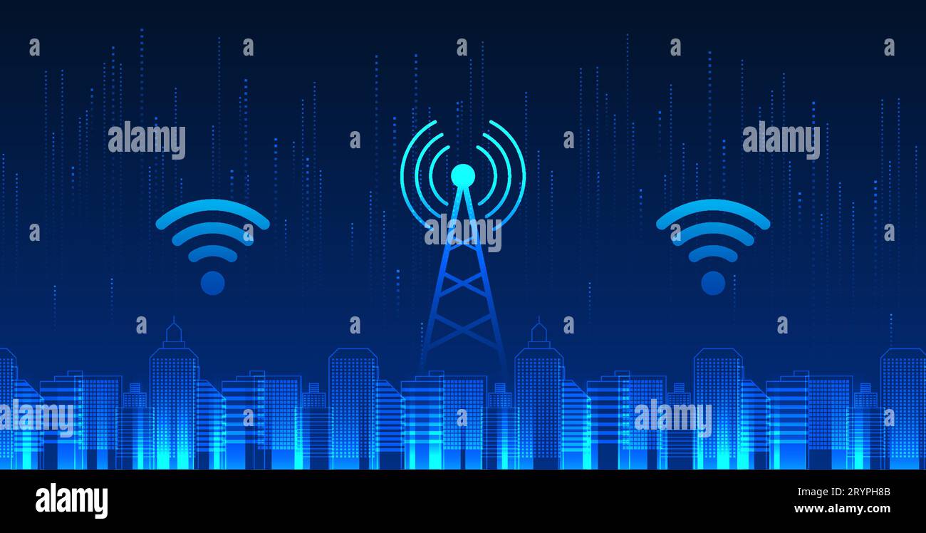 La technologie cellulaire est située dans une ville intelligente avec icône wifi. Un concept de ville intelligente avec des tours pour fournir aux citadins un accès à l'information. Sen Illustration de Vecteur