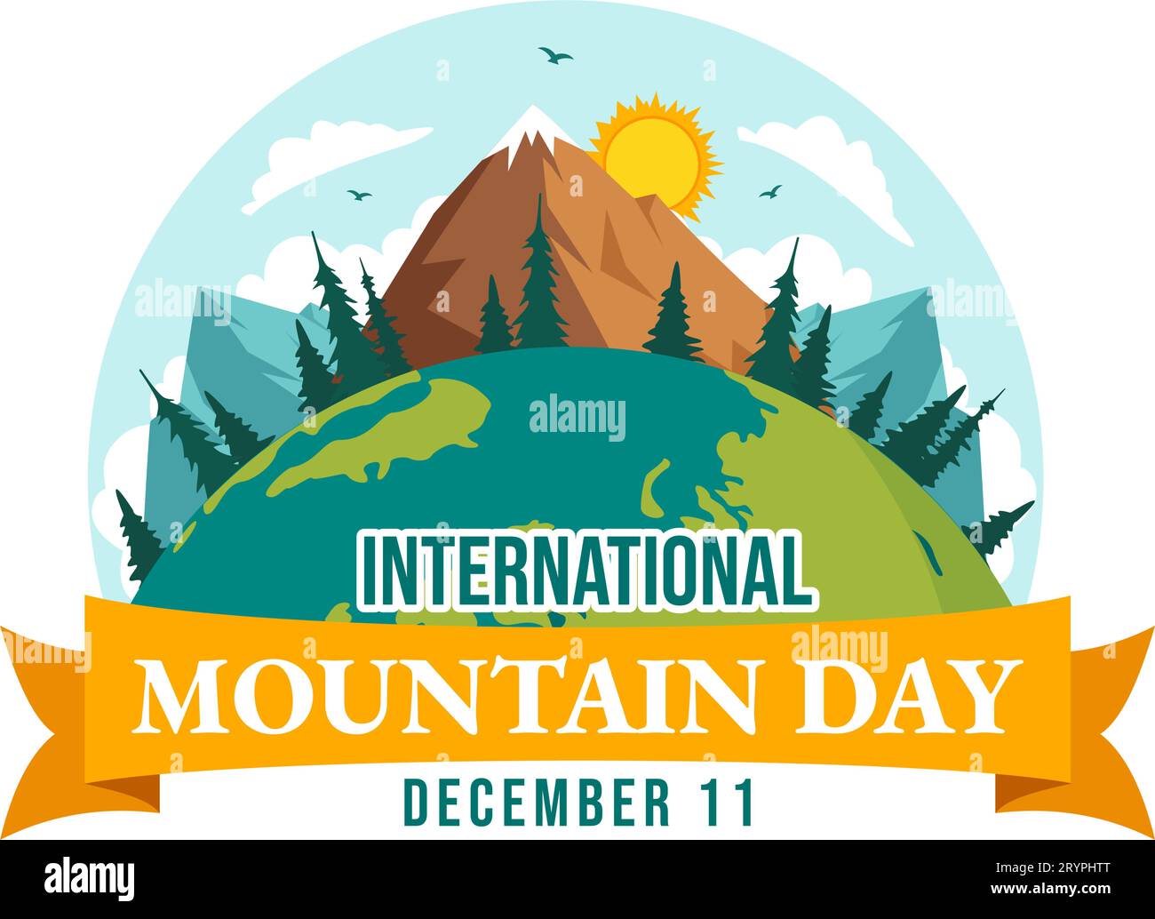 Illustration vectorielle de la Journée internationale de la montagne le 11 décembre avec le panorama des montagnes, la vallée verte et les arbres dans la conception de fond de dessin animé plat Illustration de Vecteur