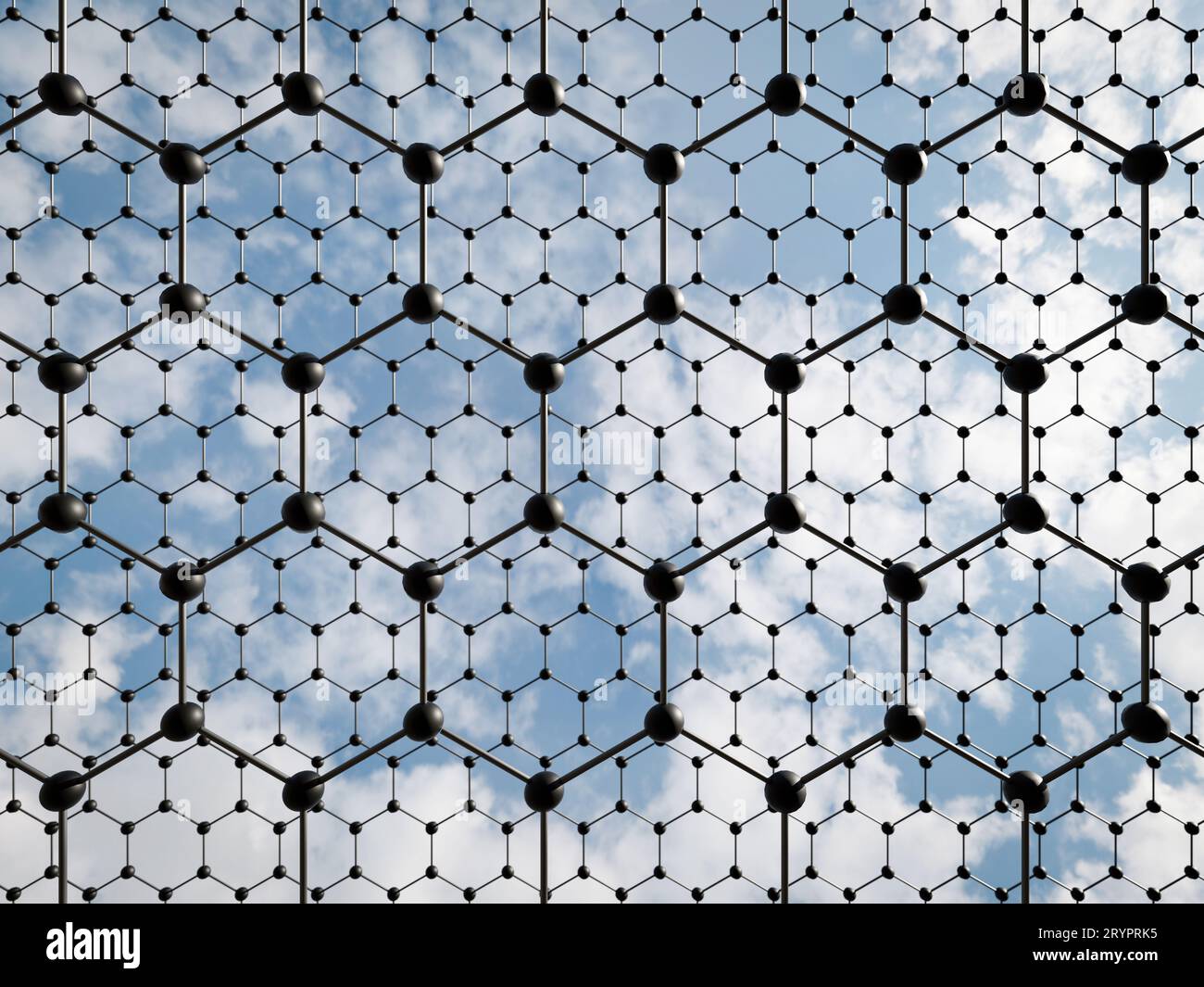 Rendu 3D d'un modèle moléculaire de deux feuilles de graphène sur fond de ciel Banque D'Images