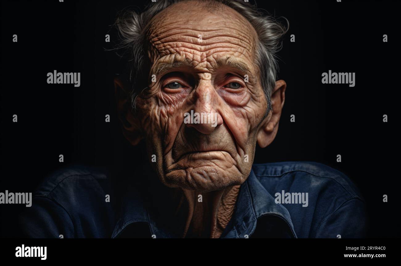 Un homme âgé avec les cheveux argentés et une expression sévère sur son visage Banque D'Images