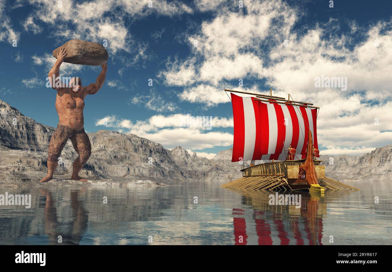 Le Cyclops Polyphemus jette un rocher à l'Odysseus qui fuit Banque D'Images