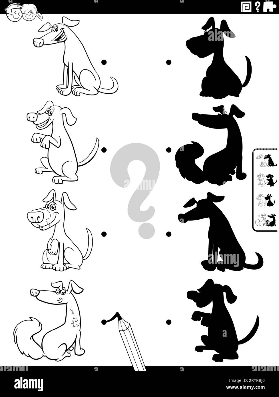 Dessin animé noir et blanc illustration de faire correspondre les ombres droites avec des images activité éducative avec les chiens drôle coloriage page Banque D'Images