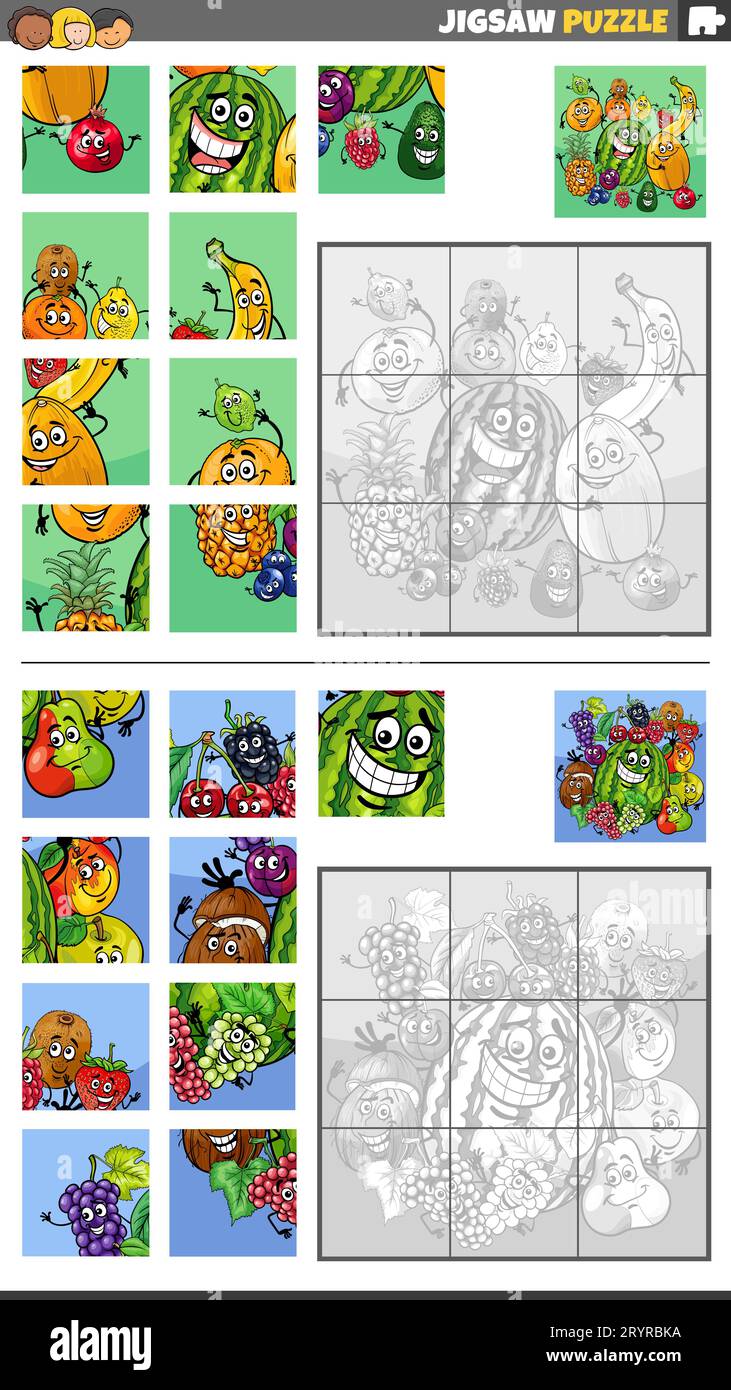 Illustration de dessin animé des activités éducatives puzzle jeu avec le groupe de caractères de fruit Banque D'Images