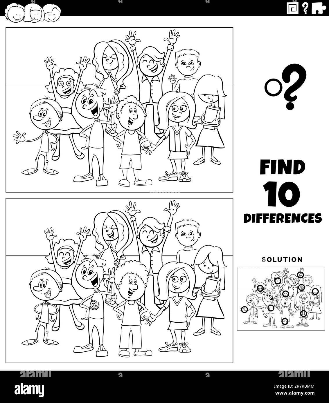 Dessin animé noir et blanc illustration de trouver les différences entre les images jeu éducatif avec enfants ou adolescents caractères groupe de coloriage Banque D'Images