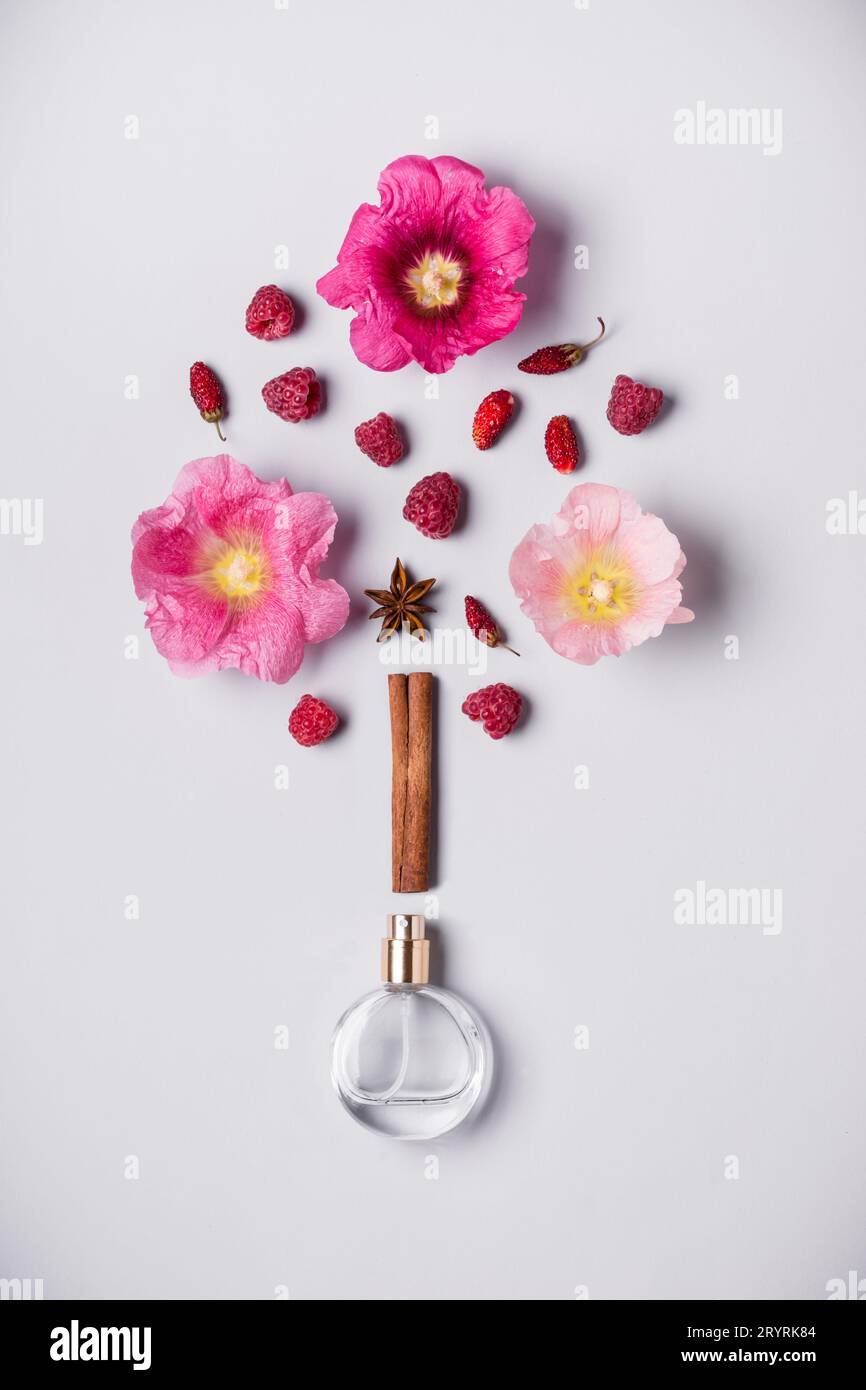 Bouteille de parfum et ingrédients de parfum Banque D'Images