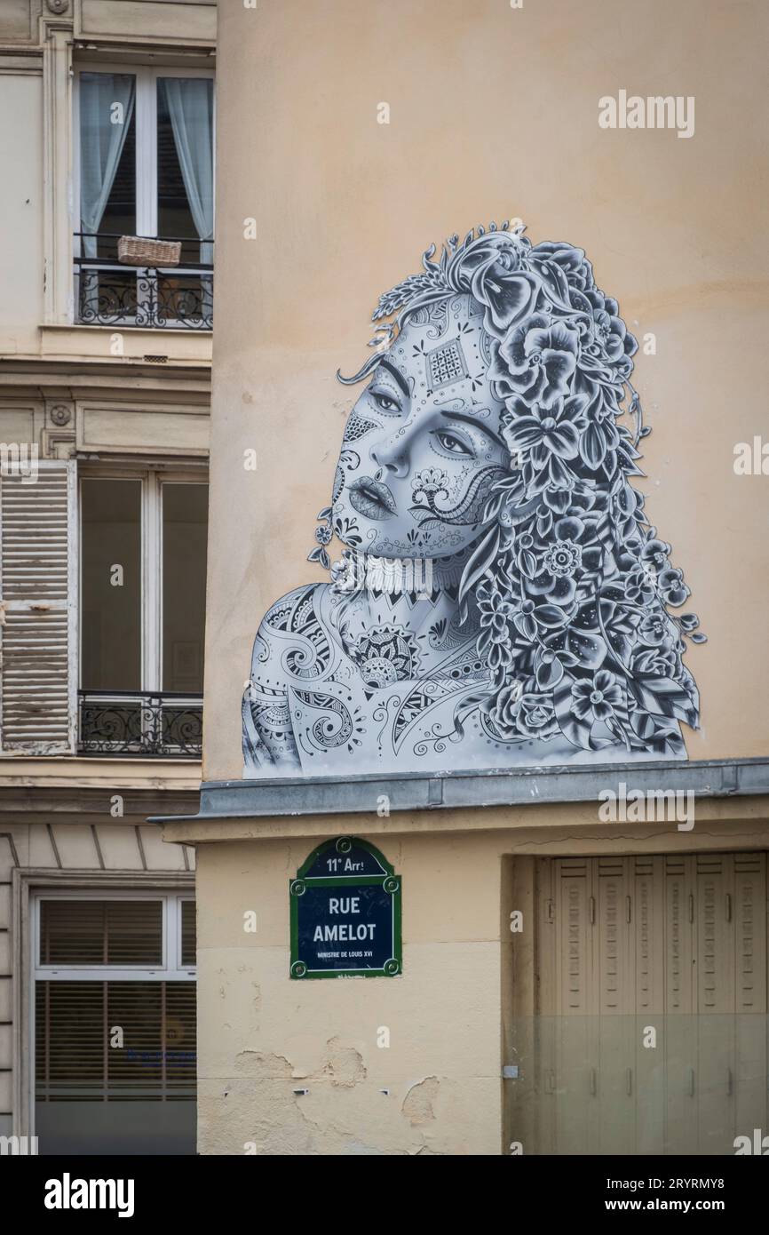 Street art dans la rue Amelot dans le 11e arrondissement de Paris Banque D'Images