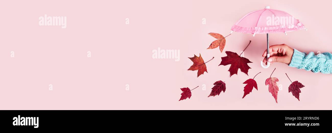 Main de femme avec parapluie rose et feuilles tombantes sur fond pastel rose. Concept créatif Hello Autumn Banque D'Images