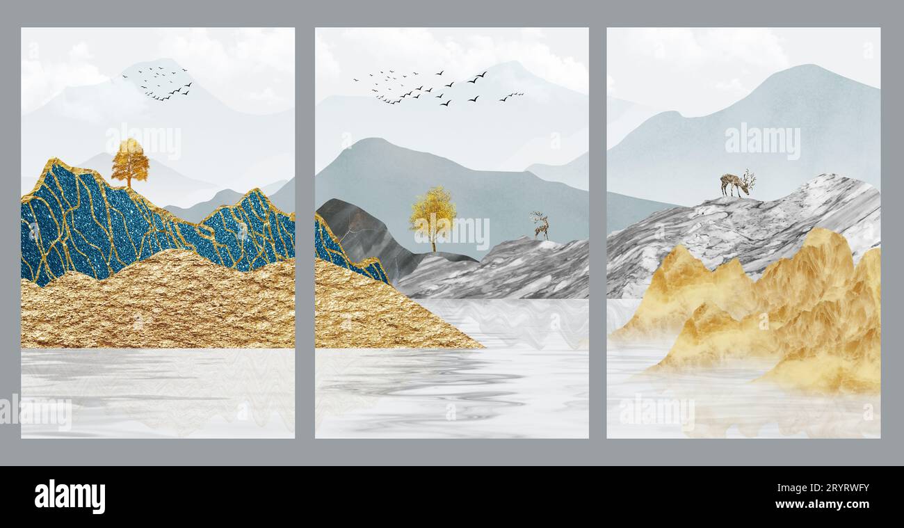 illustration 3d fond d'écran paysage art . arbres dorés avec des montagnes dorées, jaunes et grises sur un fond gris clair avec des nuages blancs. Banque D'Images