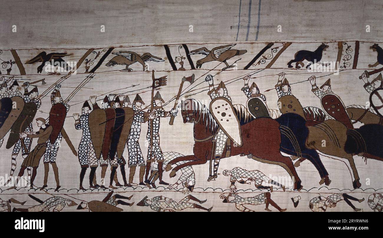 Intendant Wadard (à cheval) et troupes de Guillaume le Conquérant. - Tapisserie de Bayeux, connue sous le nom de broderie Reine Matilda, 1077 Bibliothèque Bayeux Banque D'Images