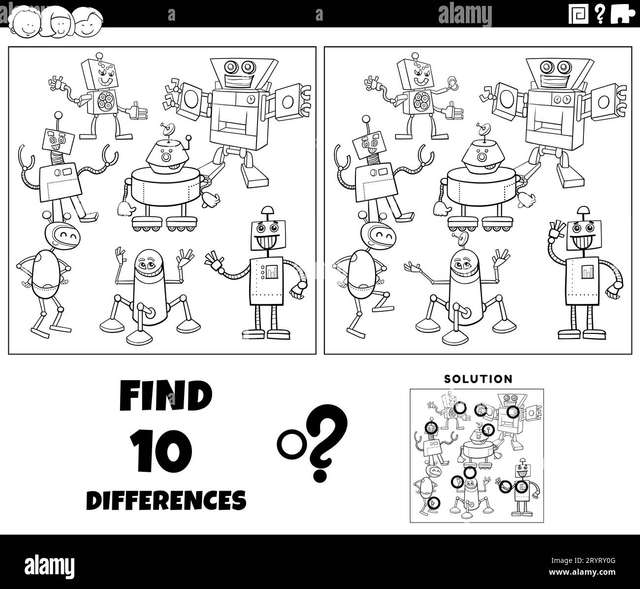 Dessin animé noir et blanc illustration de trouver les différences entre les images activité éducative avec robots caractères groupe coloriage page Banque D'Images