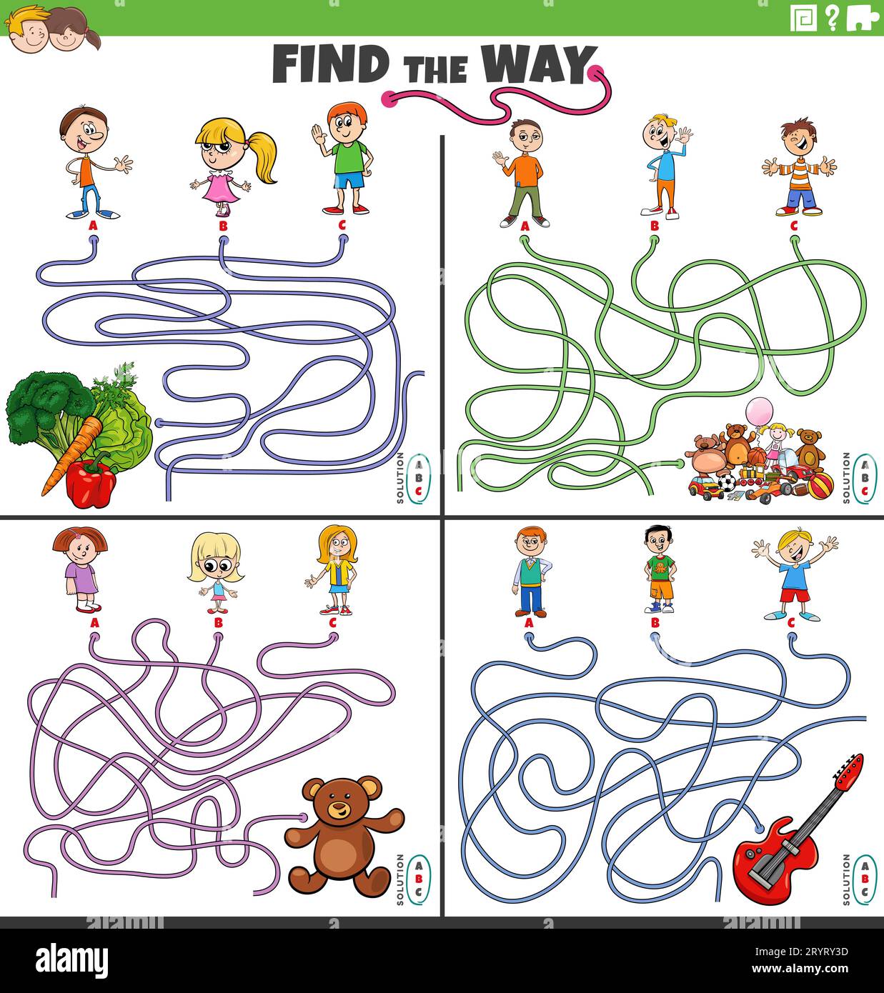 Illustration de dessin animé de trouver la manière labyrinthe jeux de puzzle ensemble avec des personnages d'enfants Banque D'Images