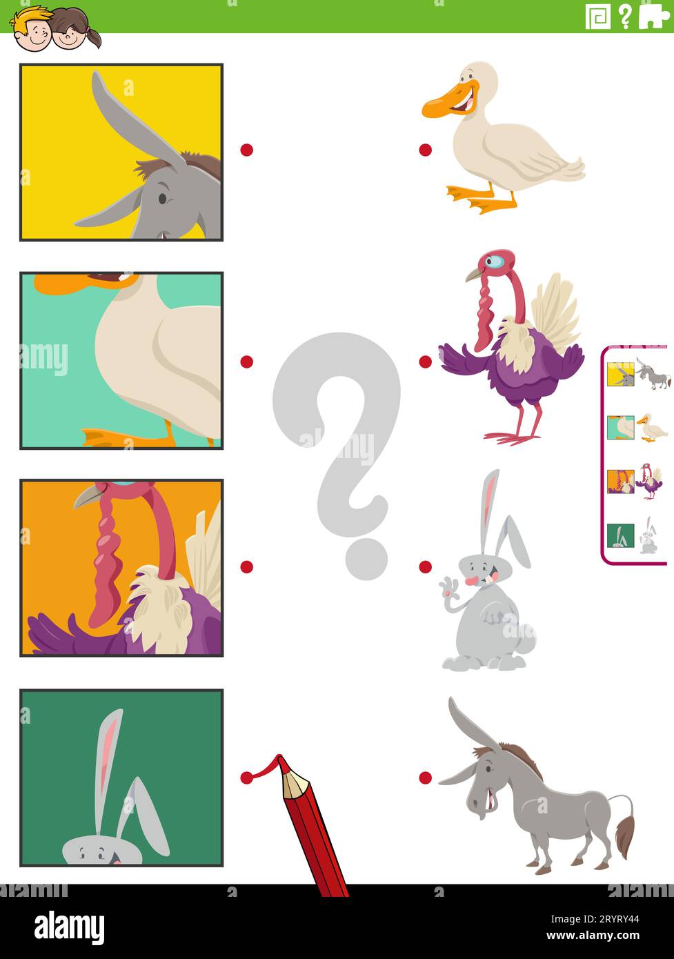 Illustration de dessin animé d'un jeu éducatif assorti avec des animaux de ferme et des coupures d'images Banque D'Images