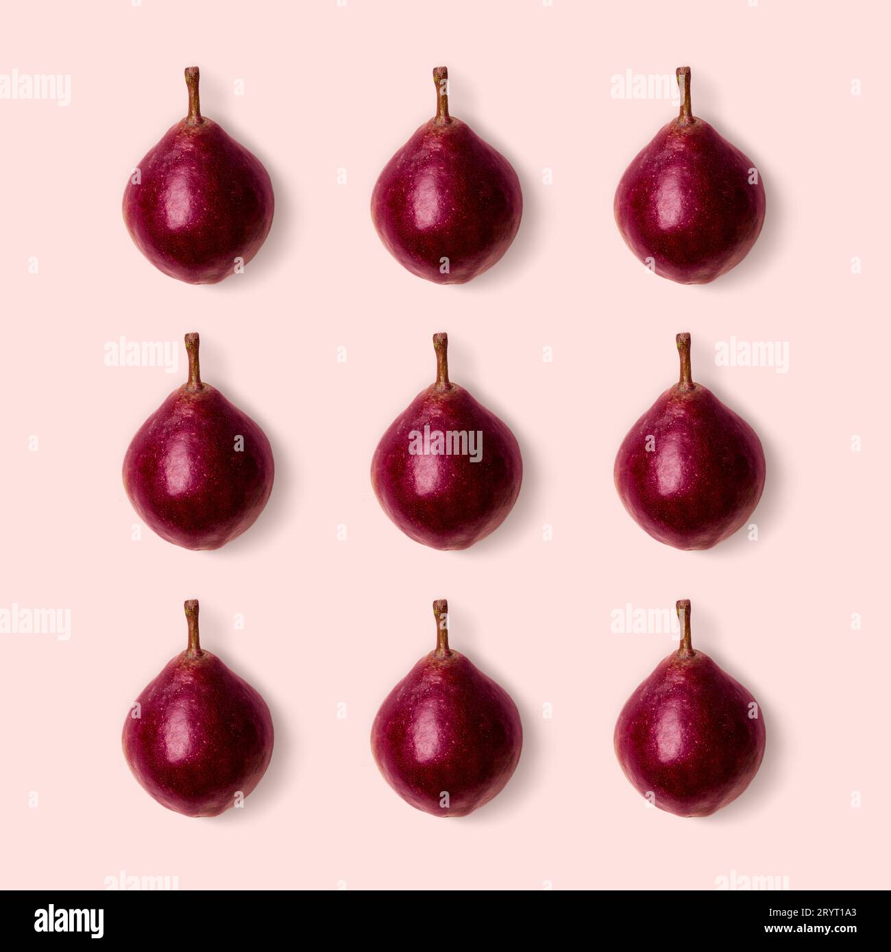 Poires violettes roses sur fond rose. Style minimaliste. Concept de récolte d'automne. Motif de couleurs pastel Banque D'Images