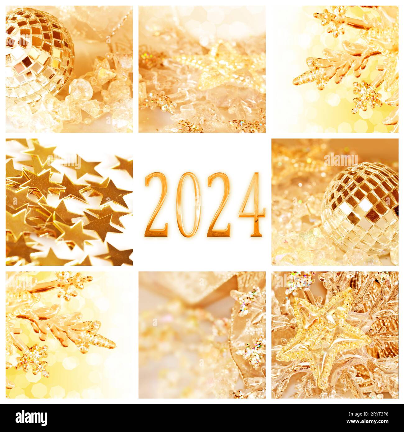 2024, carte de voeux carrée de collage d'ornements de noël dorés Banque D'Images