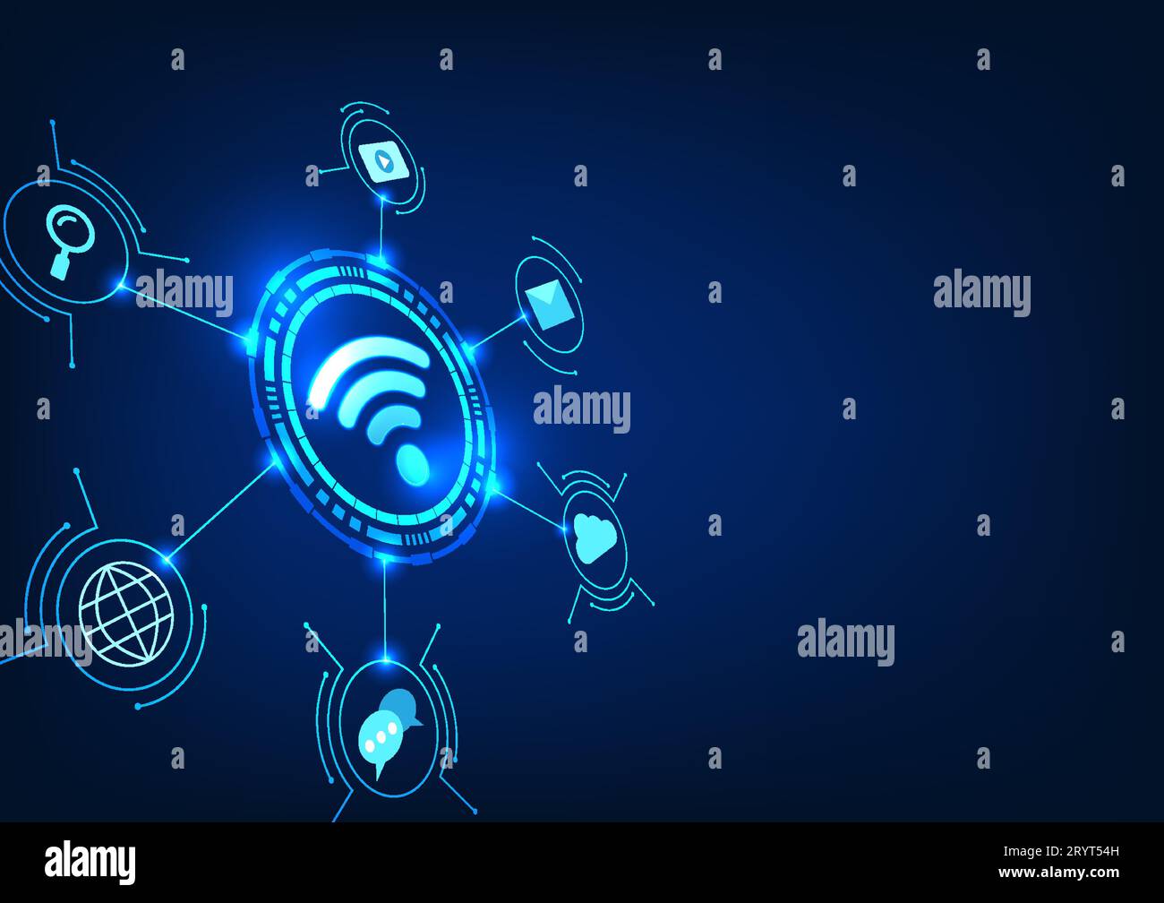 Technologie Wi-Fi, icône WiFi est à l'intérieur du cercle de technologie et l'icône est intégrée à la carte de circuit imprimé. Fait référence à la distribution de la technologie sans fil Illustration de Vecteur