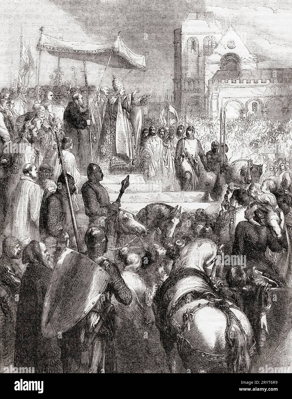 Le pape urbain II prêche la première croisade sur la place du marché de Clermont, France, le 27 novembre 1095. Pape urbain II, c. 1035 – 1099, alias Odo de Châtillon ou Otho de Lagery. Chef de l'Église catholique et dirigeant des États pontificaux. Extrait de Cassell's Illustrated History of England, publié en 1857. Banque D'Images