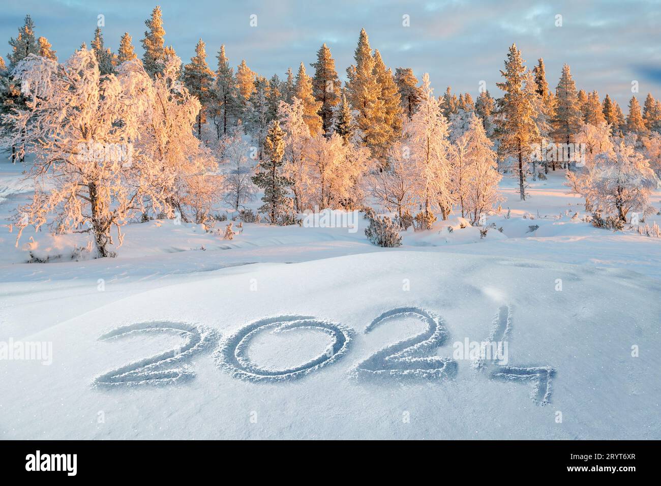 2024 écrit dans la neige, carte de voeux de paysage d'hiver Banque D'Images