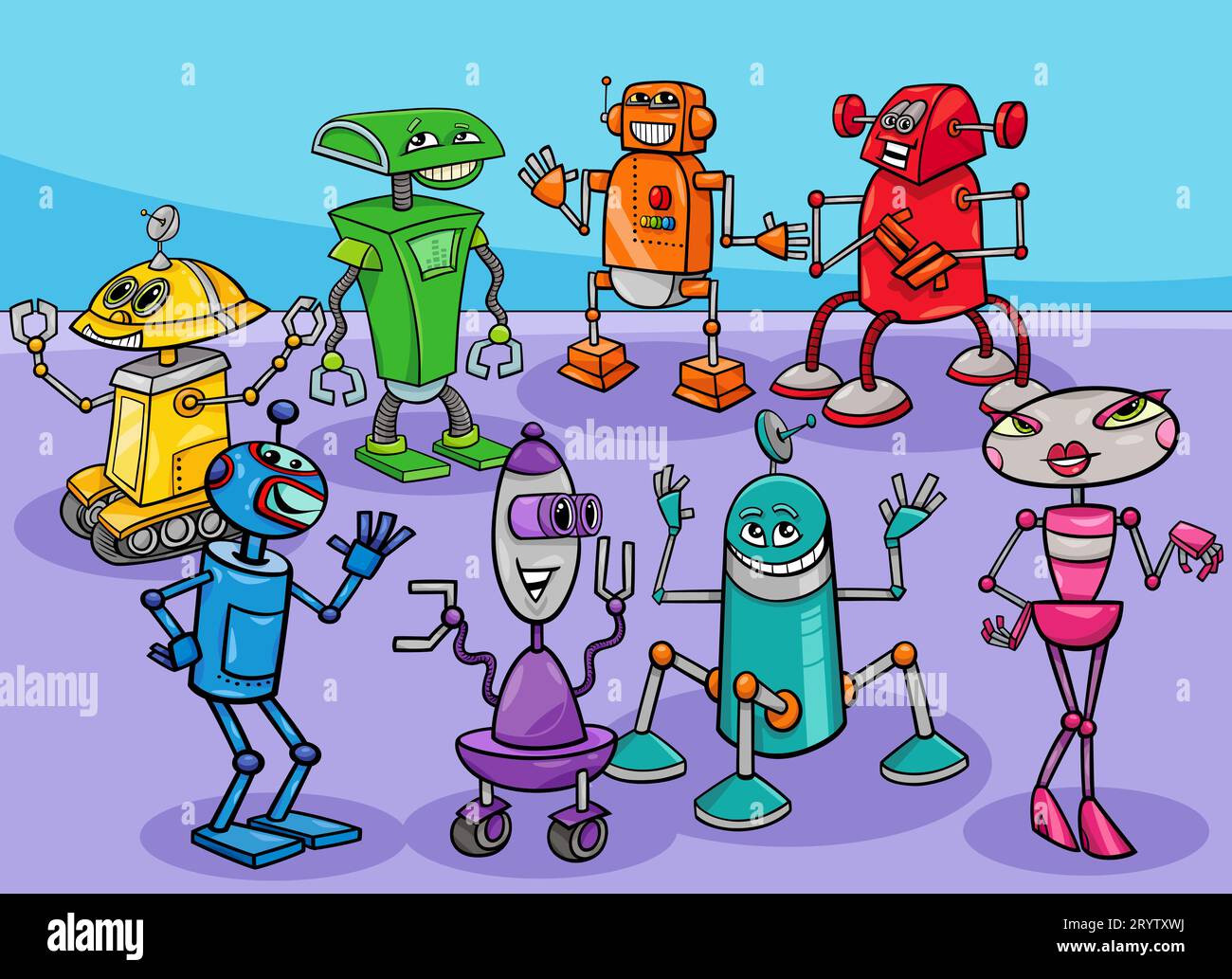 Dessin animé illustration de drôle de robots colorés groupe de