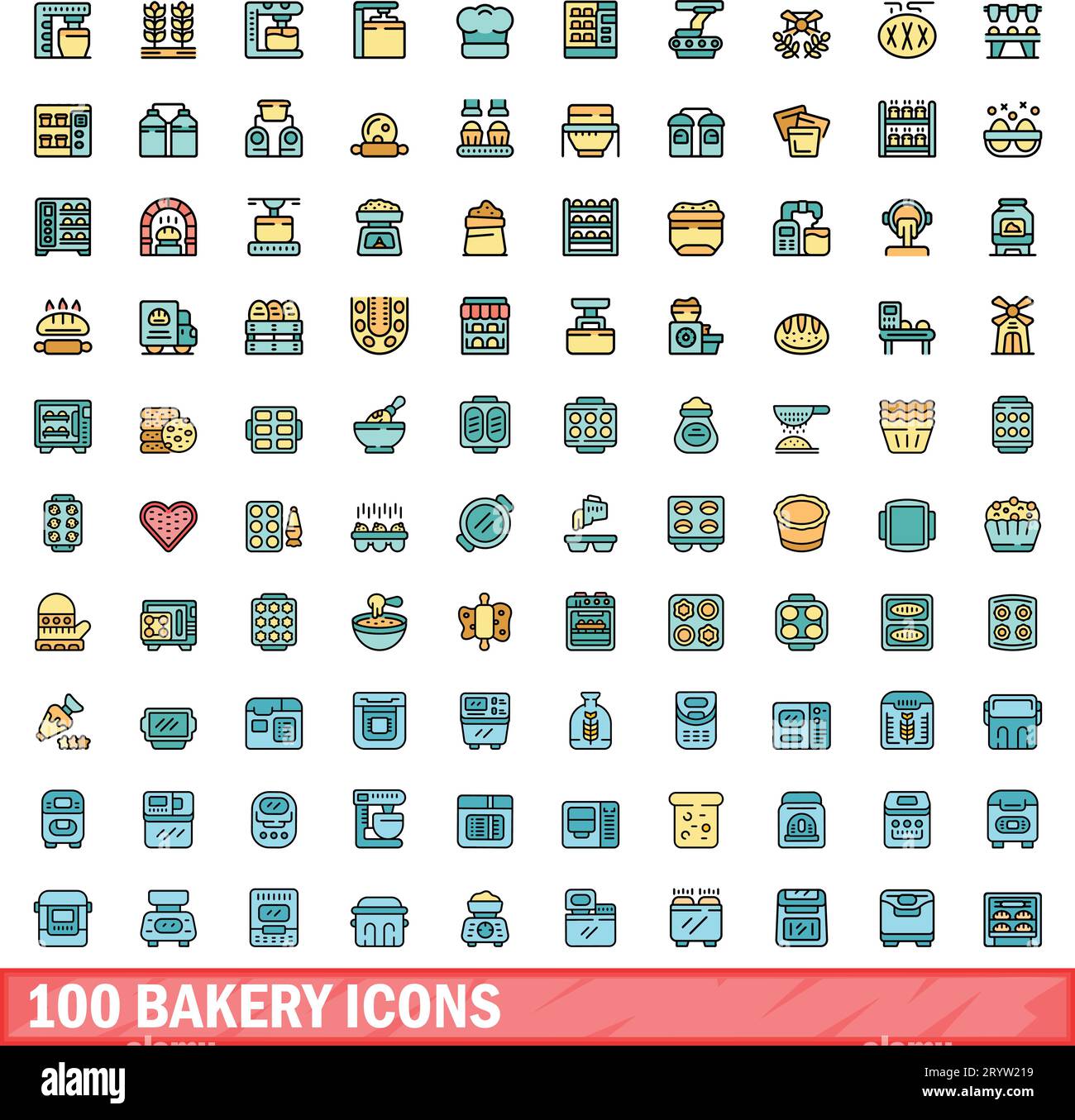 ensemble de 100 icônes de boulangerie. Ligne de couleur ensemble d'icônes vectorielles de boulangerie couleur de ligne mince plat sur blanc Illustration de Vecteur