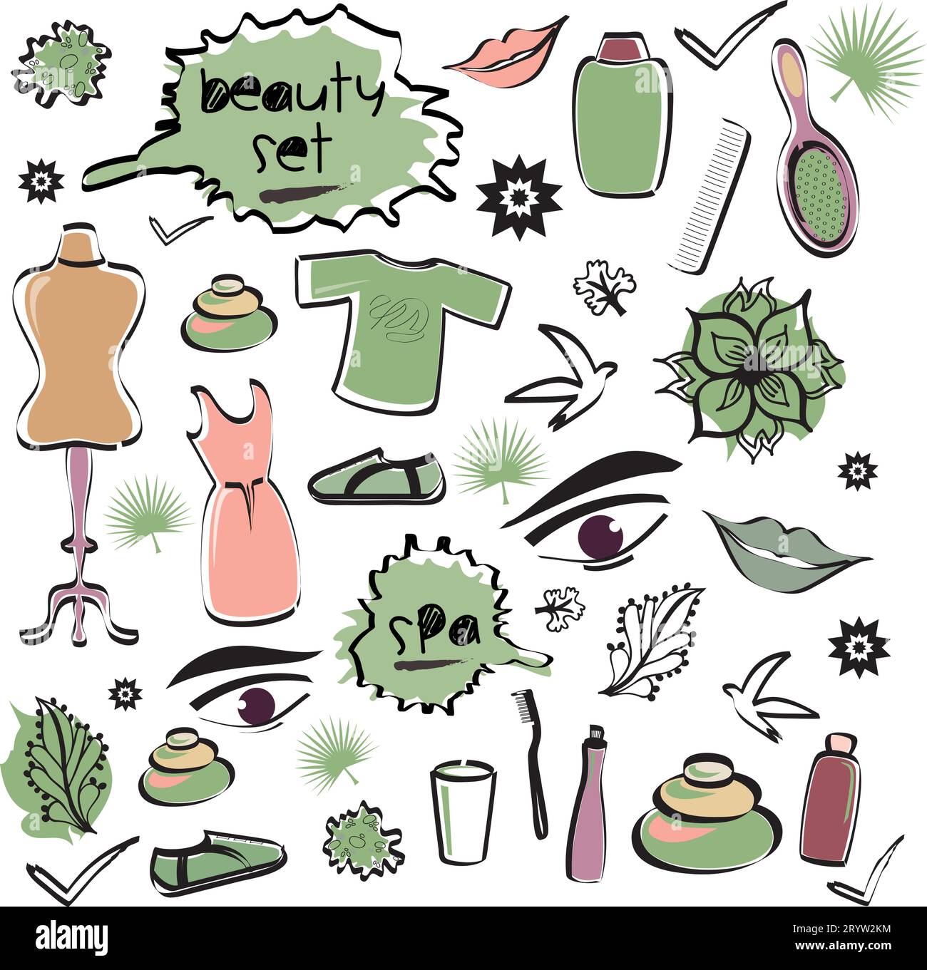 Ensemble d'objets de beauté objets icônes d'éléments avec Spa, Doodles de mode en différentes couleurs - Illustration de conception vectorielle de dessin à la main - Robe Illustration de Vecteur
