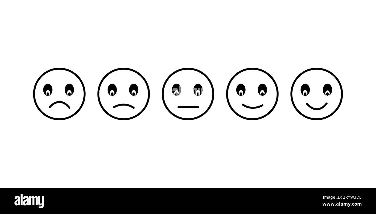 Jeu d'icônes de ligne et de silhouette d'émoticônes. Pictogramme de visages positifs, heureux, souriants, tristes, malheureux. Collection Emoji simple. Concept de commentaires des clients. Goo Illustration de Vecteur