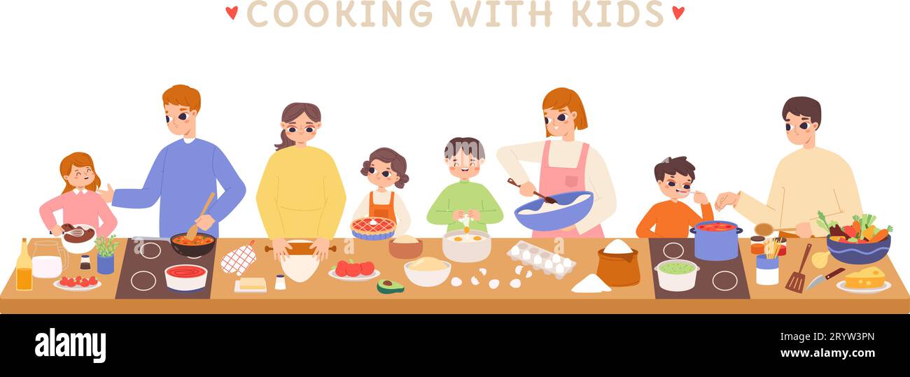 Cuisiner avec des enfants en atelier. Adultes et enfants préparent des ingrédients crus. Famille de temps heureux ou amis ensemble, processus culinaire snogly vecteur Illustration de Vecteur