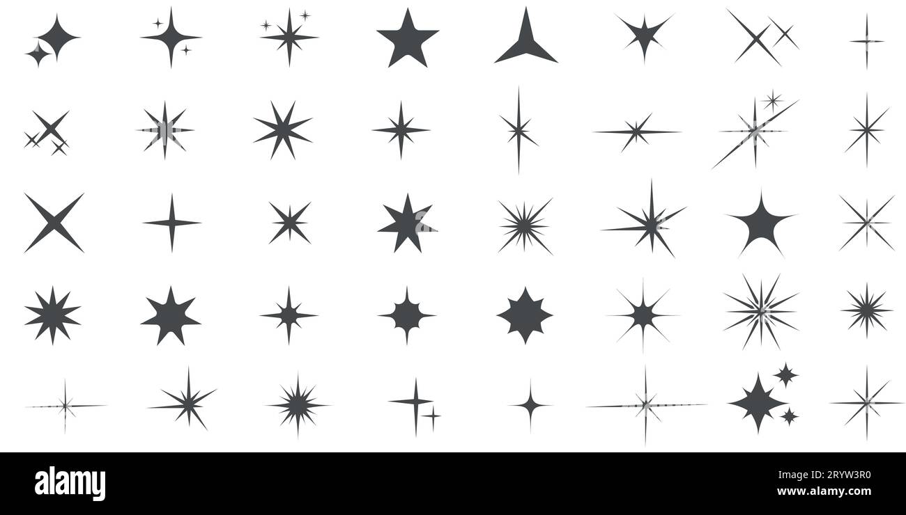 Étincelles, étoiles et éclats icônes, étoiles scintillantes. Illustration de Vecteur