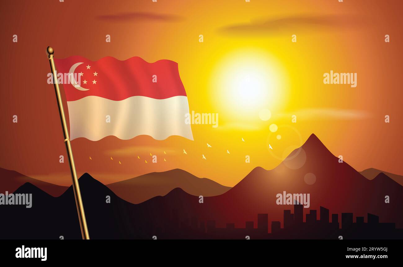 Drapeau de Singapour avec fond de coucher de soleil des montagnes et des lacs Illustration de Vecteur