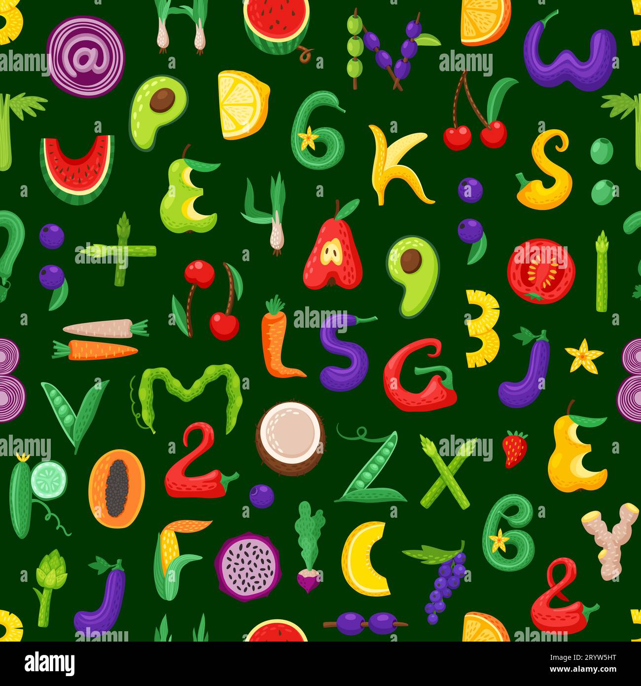 Dessins animés fruits et légumes lettres ou chiffres modèle sans couture sur fond vectoriel. Motif alphabet Kid de banane, poivre ou carotte, concombre et tomate avec des numéros de cerise et d'oignon et ABC Illustration de Vecteur
