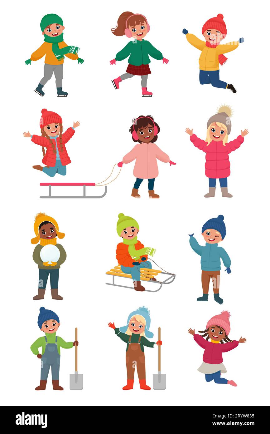 Des enfants heureux en vêtements chauds sautent. Ensemble d'enfants joyeux dans la saison d'hiver. Illustration vectorielle dans le style plat Illustration de Vecteur