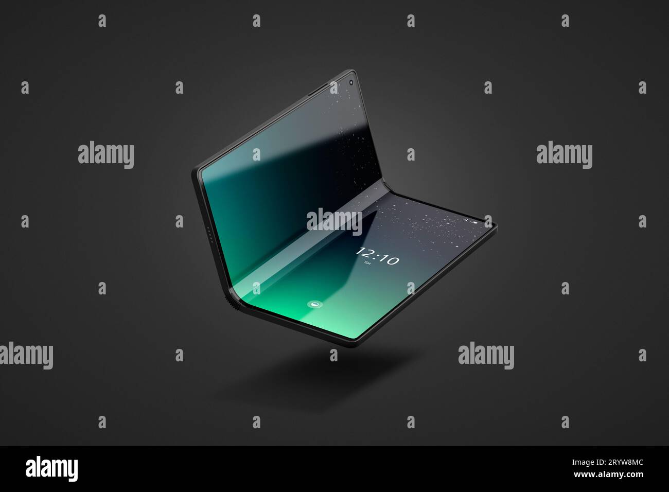 Activé l'affichage flexible du téléphone de livre maquette ouverte, arrière-plan sombre, rendu 3D. Maquette d'écran tactile de smartphone à rabat et verrouillage vide. Flex transparent ou FO Banque D'Images