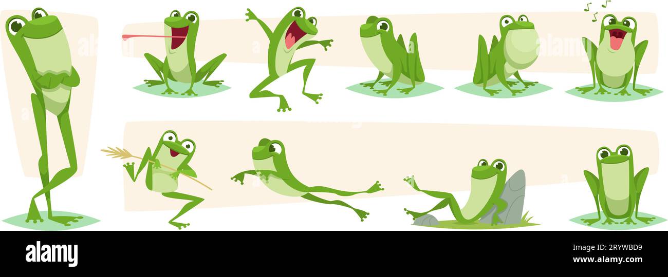 Grenouille de dessin animé. Lézards et grenouille drôle d'action pose des caractères vectoriels exacts isolés Illustration de Vecteur