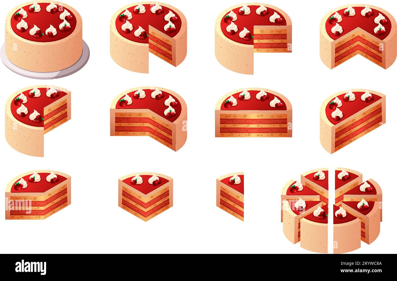 Parties de gâteau. Constructeur de tranches de tarte isométrique, gâteaux entiers de bande dessinée coupés sur pièce avec garniture crémeuse, tartes fractions de pâte tranchée, desserts de boulangerie illustration vectorielle de gâteau de tarte dessert Illustration de Vecteur