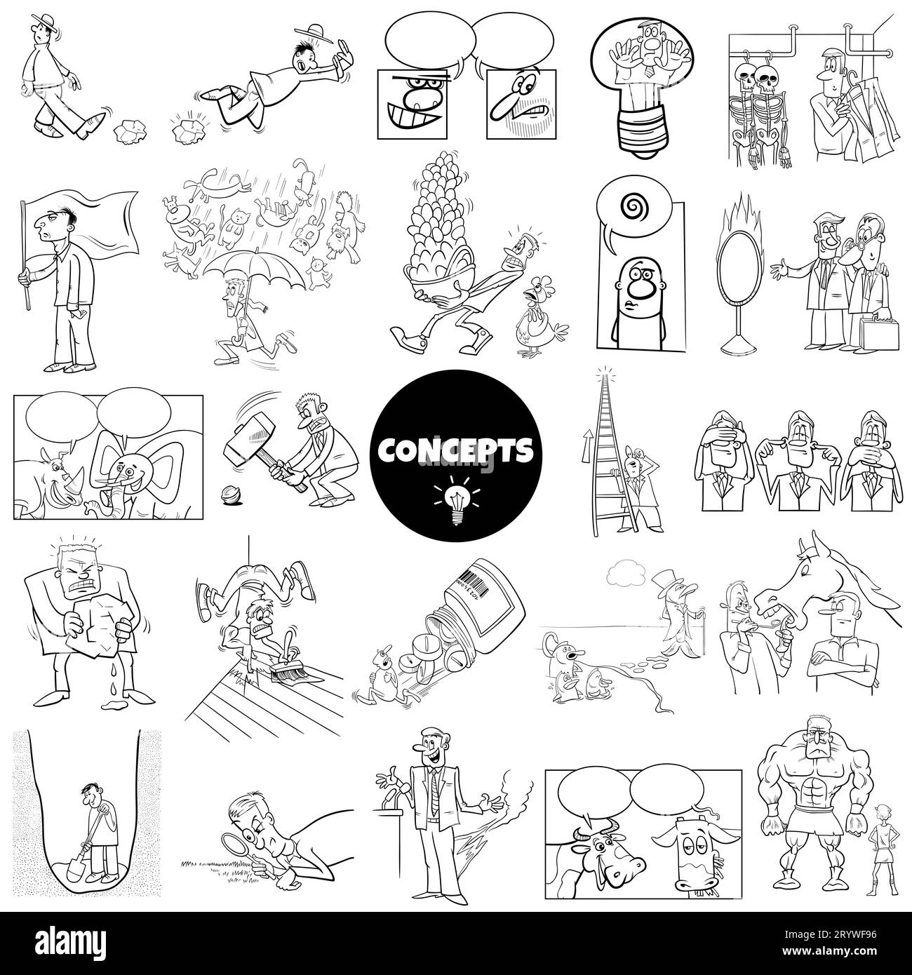 Ensemble d'ilustration noir et blanc de concepts humoristiques de dessins animés ou de métaphores et d'idées avec des personnages comiques Banque D'Images