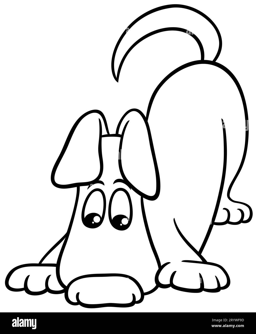 Illustration de dessin animé noir et blanc de drôle chien reniflant la page de coloriage de personnage animal comique Banque D'Images