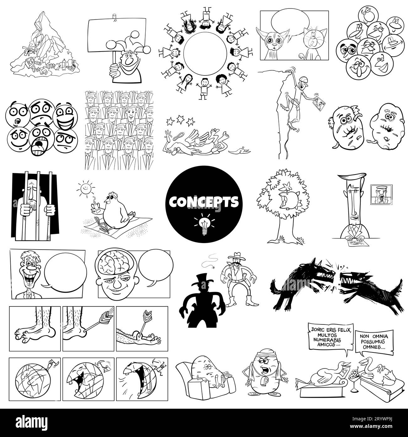 Ensemble d'ilustration noir et blanc de concepts humoristiques de dessins animés ou de métaphores et d'idées avec des personnages comiques Banque D'Images