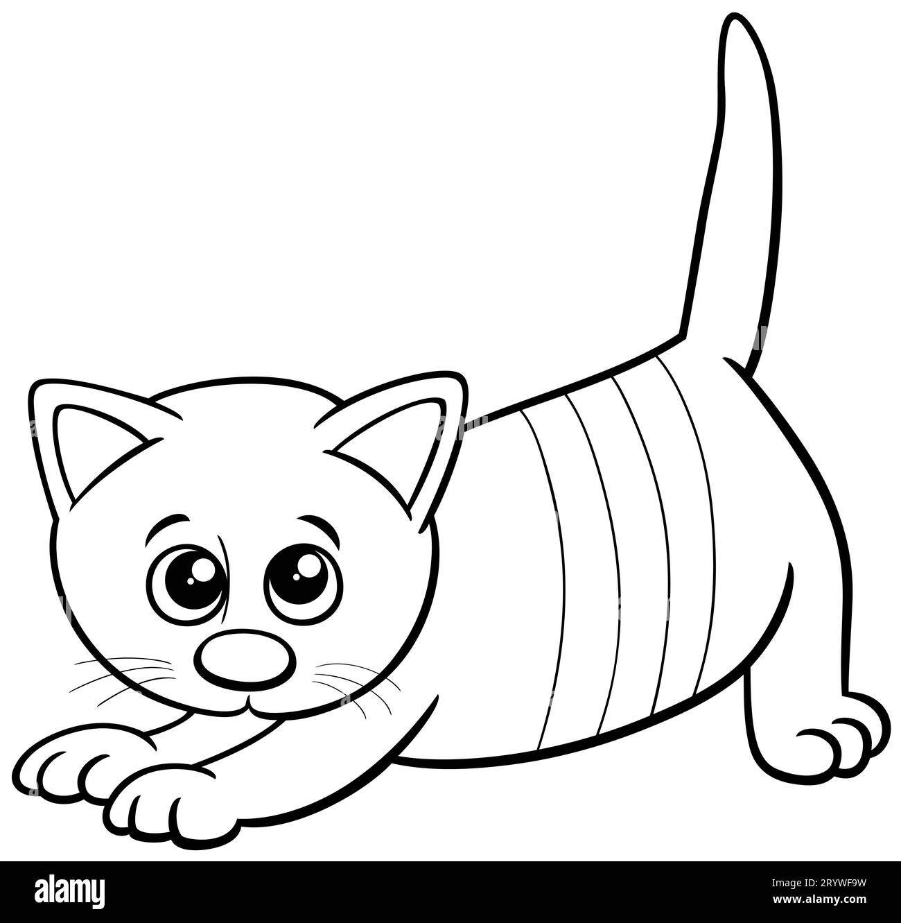 Illustration de dessin animé noir et blanc de l'étirement de la page de coloriage de personnage animal comique de chaton Banque D'Images