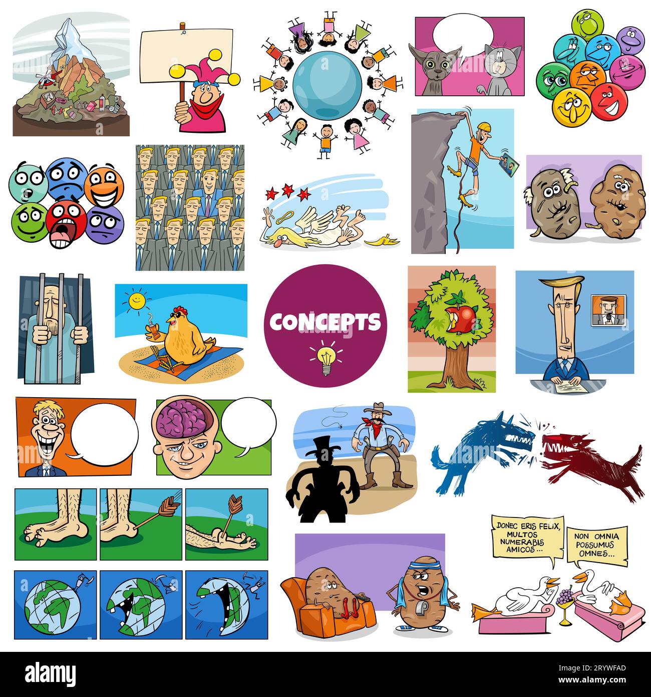 Illustration grand ensemble de concepts humoristiques de dessin animé ou métaphores et idées avec des personnages de bande dessinée Banque D'Images