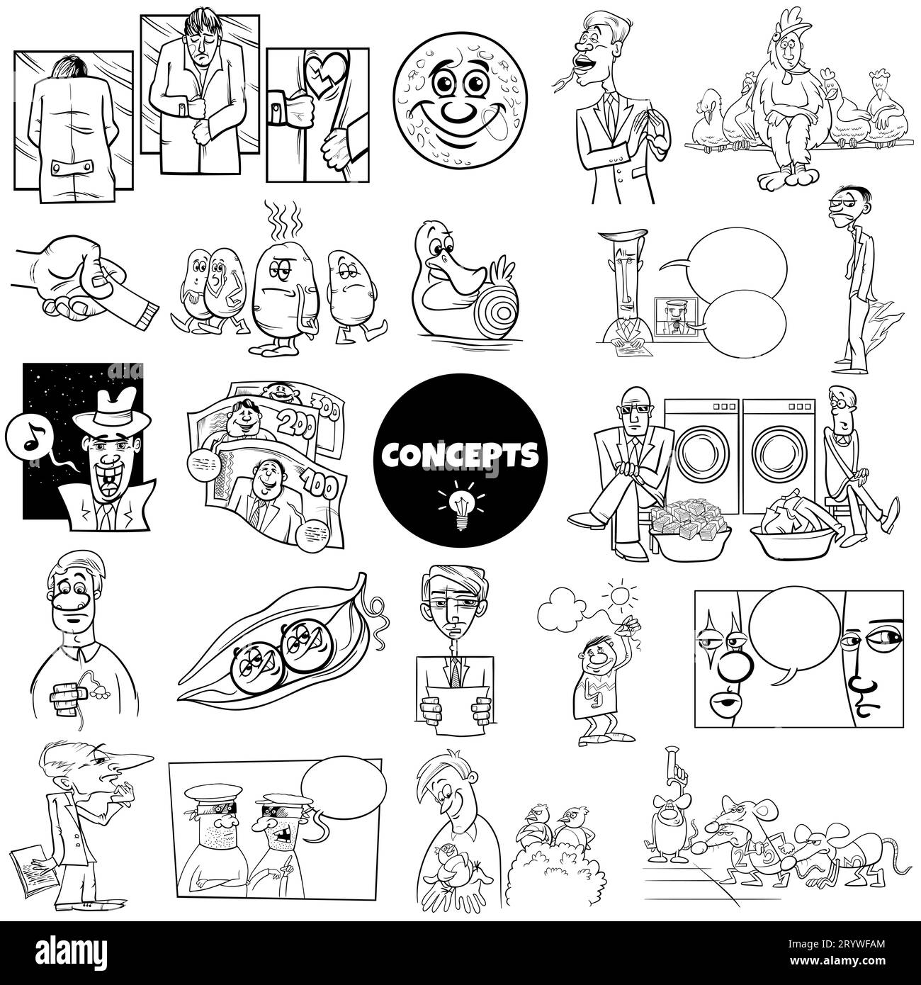 Ensemble d'ilustration noir et blanc de concepts humoristiques de dessins animés ou de métaphores et d'idées avec des personnages comiques Banque D'Images
