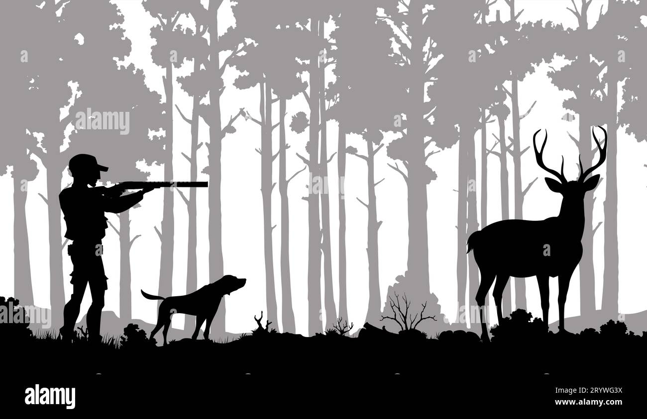 Silhouette de chasse. Chasseur avec fusil de chasse, chien et cerf dans